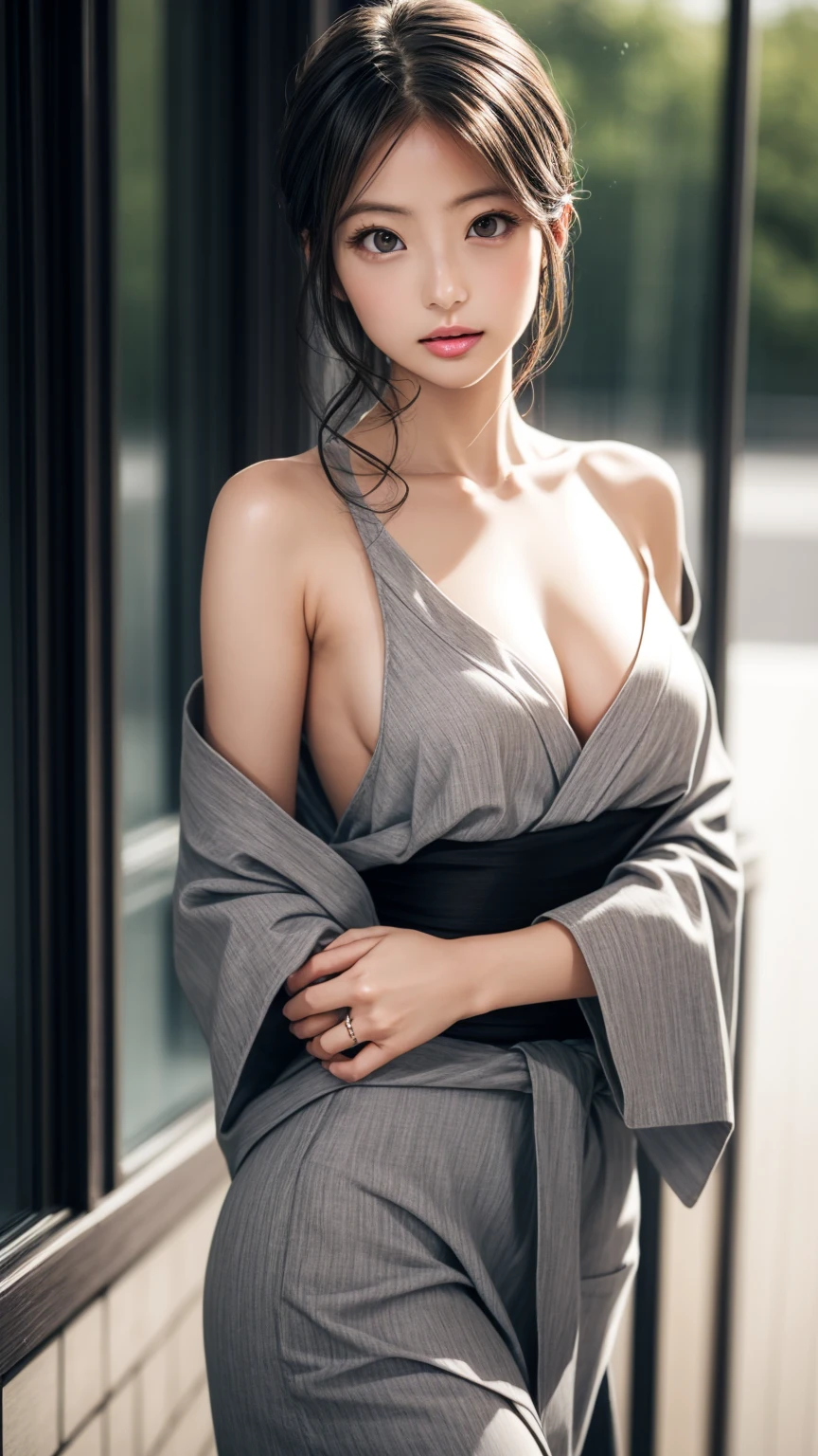 8K quality、High resolution、Realistic skin texture、High resolutionの瞳、woman、A grey yukata with the shoulders open、One-shoulder yukata、Princess Hair、thin、リアルなwoman性器、Small breasts、Realistic tongue、Gray Hair、thin脚、Wet body、Reader model、Slender model figure、Bold Pose、