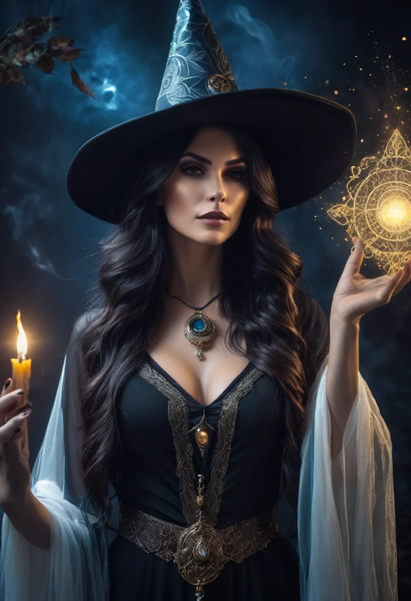 a beautiful woman , LONG HAIR queen WITCH  WITH A hat TAROT CARDS and crystals ,THUNDERS.the Style-RustMagic, Aum, (atmosfera escura:1.2), (Mist & smoke), (noite escura:1.3), Cicatrizes, (shaggy medium length dark hair:1.1), (sombra:1.1), (brilho lindamente detalhado:1.2), (cinematic lighting), detalhe intrincado, high resolution,