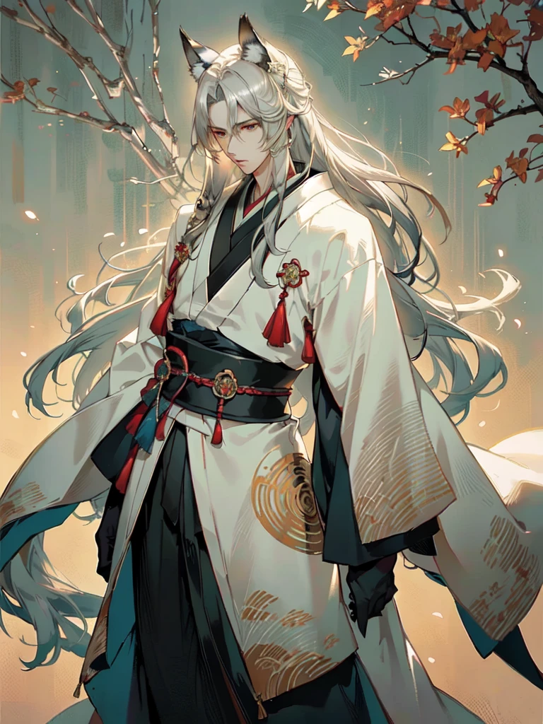 HDR,UHD,8K, best quality, masterpiece, Highly detailed, Studio lighting, physically-based rendering, 1boy, solo,
1boy, A highly detailed, anime-inspired illustration of a male character with long, flowing white hair and cat ears. He has a stern, dignified expression with piercing golden eyes that have a sharper, more intense look, reflecting a strong-willed and determined personality. His long hair flows naturally, with strands delicately outlined and softly shaded to create a realistic yet stylized appearance. He appears to be around 30 years old, with mature and defined features, exuding a sense of adult calmness and ruthlessness, similar to Sephiroth. He is wearing a dark, partially open kimono that reveals his well-defined chest, with intricate patterns and textures on the fabric to add richness to the clothing. The kimono should have traditional Japanese designs, including subtle floral motifs and elegant, gold-trimmed edges. The background is a soft, light gradient that accentuates the character's features without distracting from them, with a slight blur effect to give a sense of depth. The lighting is soft and natural, casting gentle shadows that enhance the contours of his face and body. His ears are slightly furry, with a realistic texture that blends seamlessly with his hair. The overall art style should include delicate line work and soft shading, focusing on clean lines, realistic yet stylized features, and subtle gradients and textures to create a polished and aesthetically pleasing appearance. The character should have a normal neck length and a broader jawline to ensure more balanced proportions. He should also appear to be around 190 cm tall. The image should be in 4K resolution, masterpiece quality, and of the highest standard, capturing every detail with precision and care.
upper body, 
 