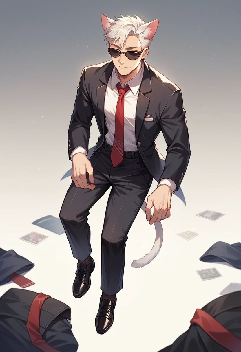 CAT MAN with black suit and red tie and dark sunglasses and black pants and black shoes,ALTO y sexy REALISTA