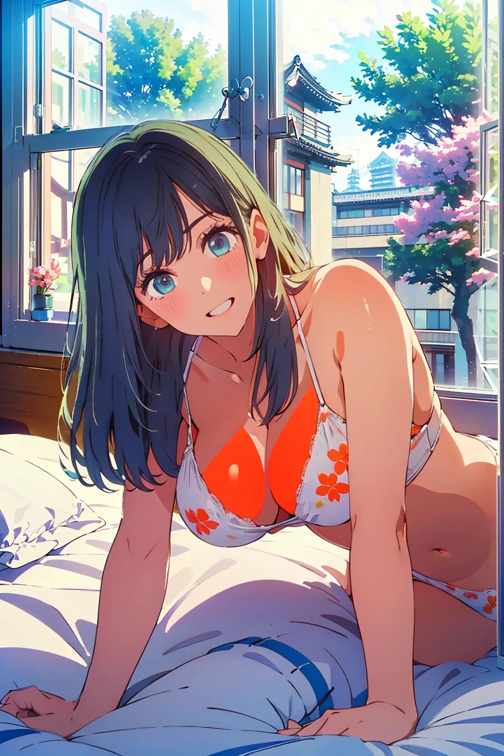 highest quality,8k,detailed,F cup bust、Big Breasts、Very cute face、Beautiful thighs、Best Beautiful Legs、Slim and beautiful arms、Slim body、Very white beautiful skin、((((1 person、looking at the camera、smile、Thin white bikini、smile、In the background are the urban buildings of Tokyo、Lie down、Hotel room、Stick your butt out、Window、On the bed、Get up close and take a photo))))、I can see the deep blue sky、The atmosphere is bright and lively、The woman is at the center of the image。