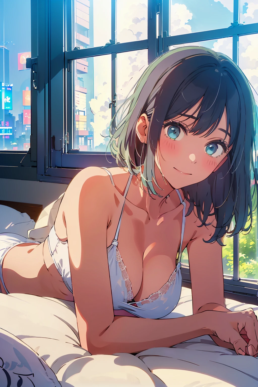 highest quality,8k,detailed,F cup bust、Big Breasts、Very cute face、Beautiful thighs、Best Beautiful Legs、Slim and beautiful arms、Slim body、Very white beautiful skin、((((1 person、looking at the camera、smile、Thin white bikini、smile、In the background are the urban buildings of Tokyo、Lie down、Hotel room、Stick your butt out、Window、On the bed、Get up close and take a photo))))、I can see the deep blue sky、The atmosphere is bright and lively、The woman is at the center of the image。