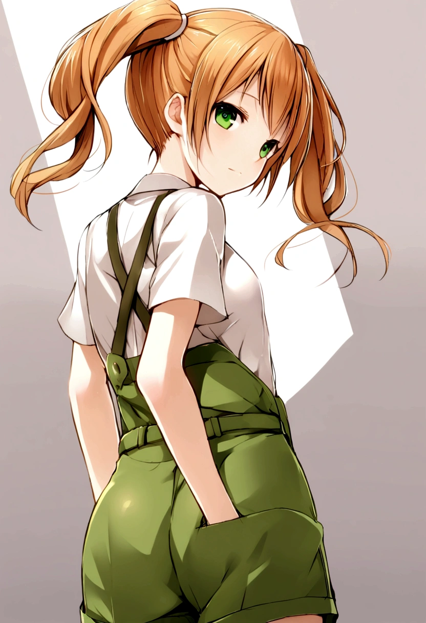 orange-blonde hair girl, pigtails to mid-back, green eyes, green jumpsuit, shorts, white t-shirt