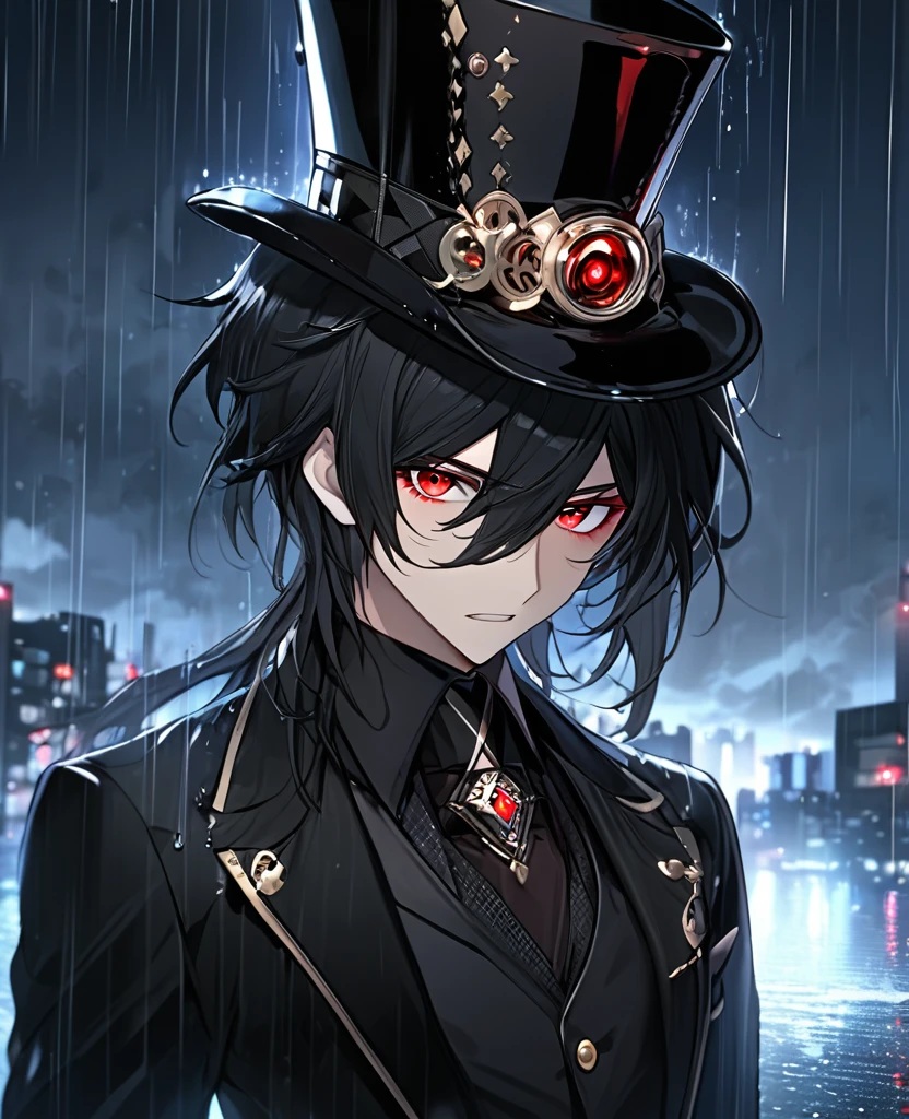 (black_hair), (red_crimson_eyes), (detailed_eyes), (Emotionless), (top_hat), (crazy_attractive), (night_city_background), (raining), (glowing_eyes), (male), (wearing _a_black_suit), (long_male_hair), (detailed_Hair), (detailed_tophat), (detailed_mouth)