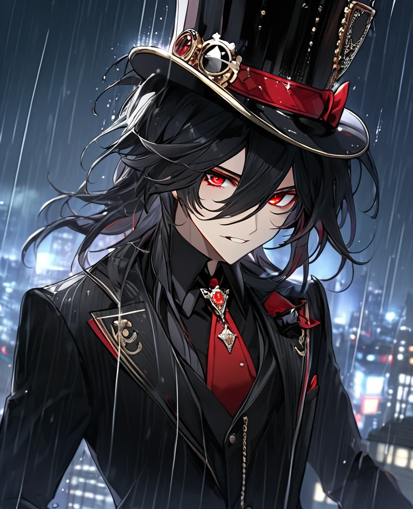  (black_hair), (red_crimson_eyes), (detailed_eyes), (Emotionless), (top_hat), (crazy_attractive), (night_city_background), (raining), (glowing_eyes), (male), (wearing _a_black_suit), (long_male_hair), (detailed_Hair), (detailed_tophat), (detailed_mouth)