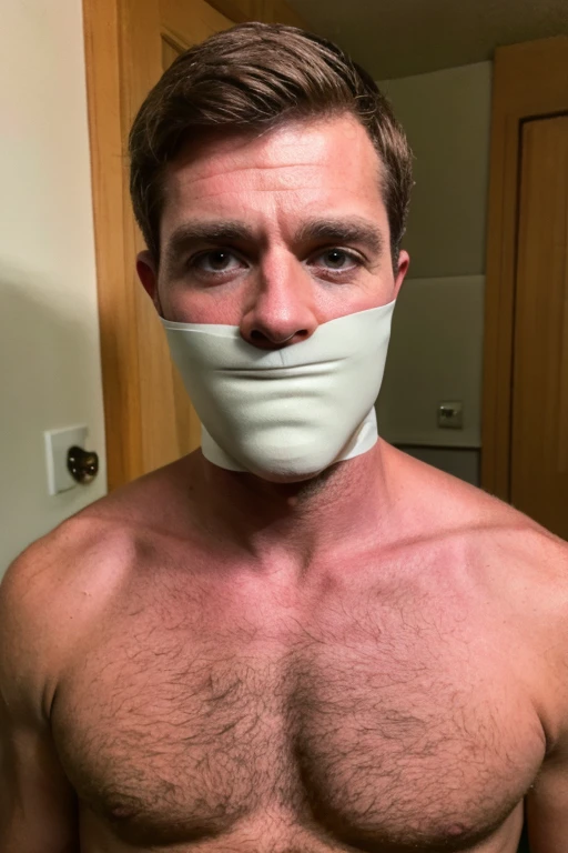 middle-aged handsome man half body, hairy chest, naked, short brown hair, stubble, facial hair, bearded, sad, looking at camera, tape gag, tape wrapped, wrap gag, tightly bound, tape wrapped around face