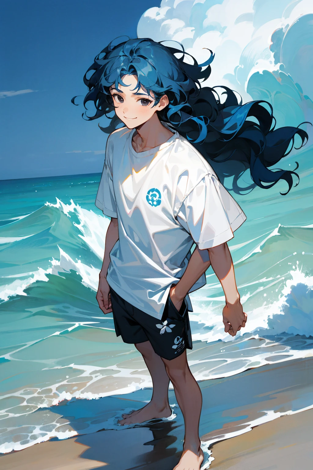 1male, blue hair, wavy hair, black eyes, smiling, open white shirt, white floral shorts, waves background, beach background, detailed background, hands to side, standing on path