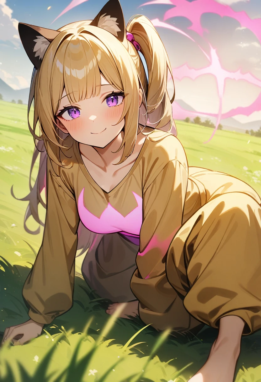 1girl, pink aura, cat ears, smiling, medium breasts, smooth blonde hair blunt bangs, side ponytail, tired eyes, purple eyes, baggy yellow shirt, baggy brown pants, barefoot, grasslands, masterpiece quality, ultra HD, 4K, best quality,