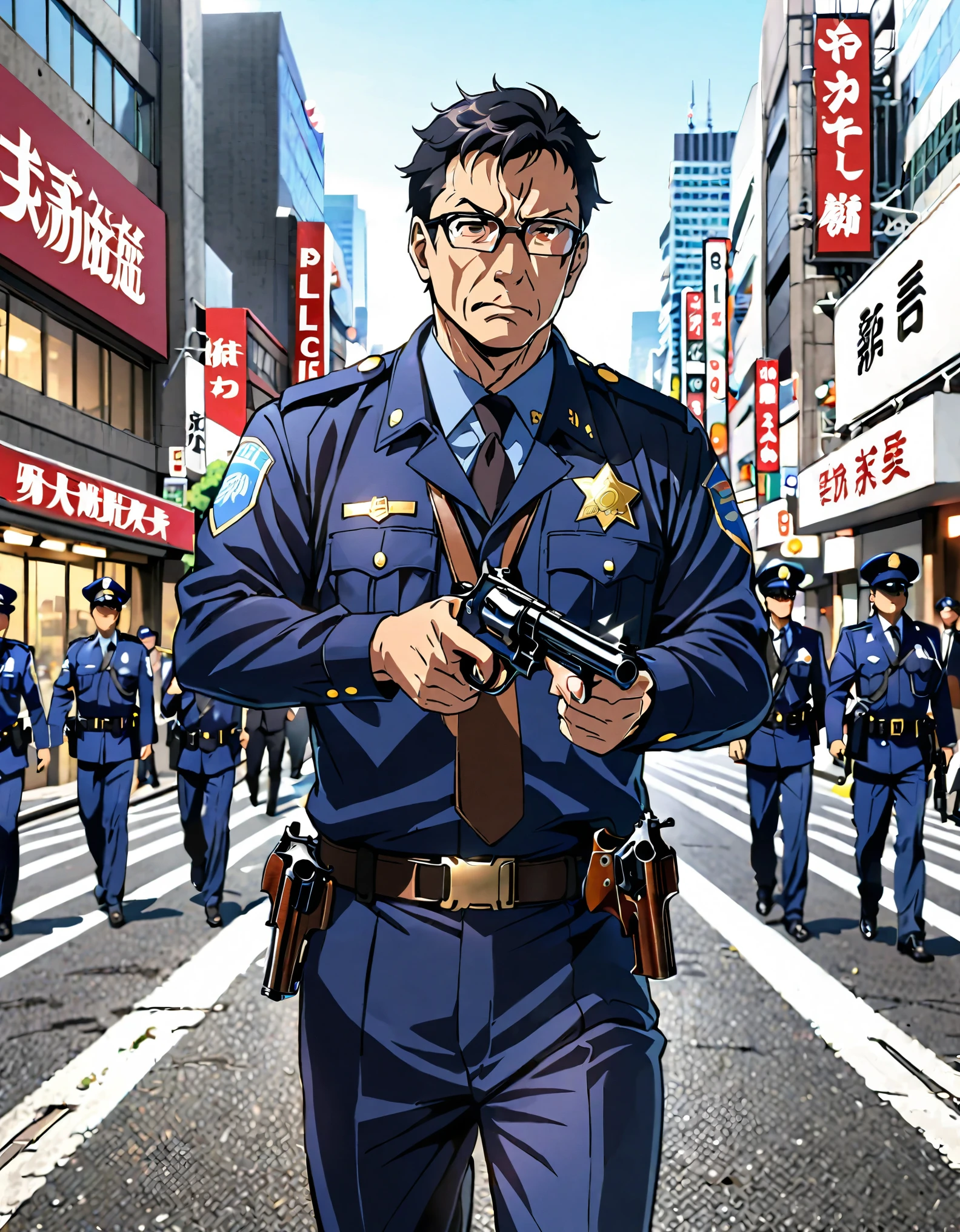 High quality, 1boy, middle aged man, anime style, japanese policeman, police captain, police commissioner, black hair, hazel eyes, glasses, (holding a gun, holding a pistol, holding a 357 magnum revolver), tokyo city street backdrop, solo, solo focus