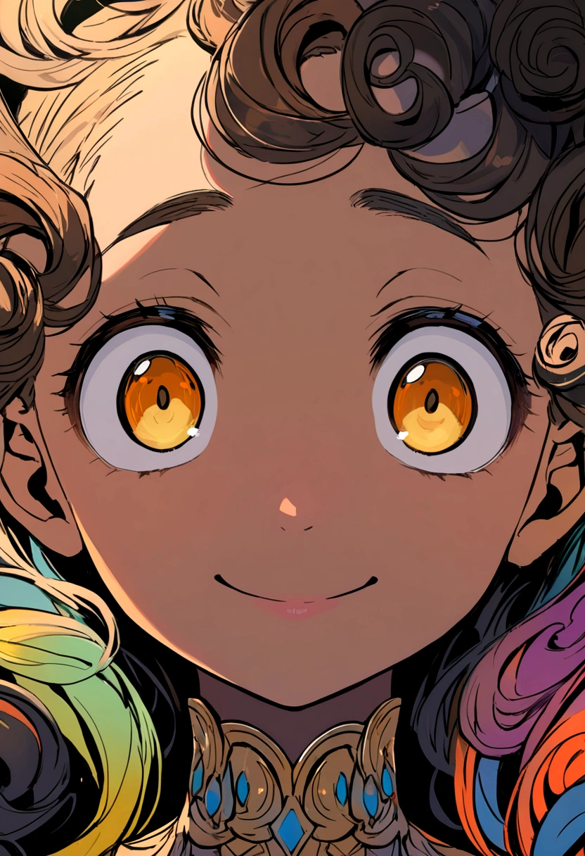 There is a young woman with curly hair smiling at the camera, with olive skin, with haunted eyes and curly hair, close up of her face, close up of her head, she has olive brown skin, looking very silly, black hair and big eyes, her face framed by curls, curly hair, close up of face, Light brown skin!, close up on face 16:9 lens 4k ultra detailed