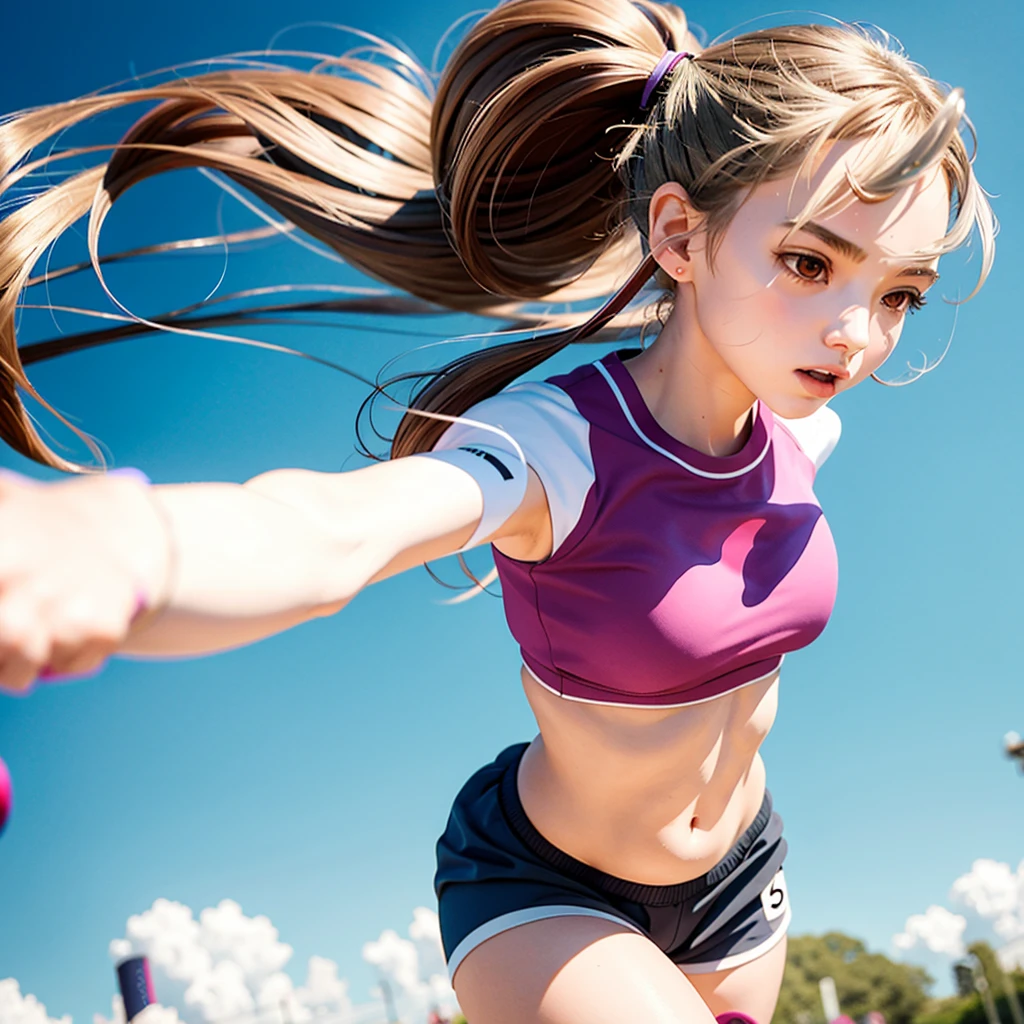 1 girl, solo, running, Gray Track Top, pink shorts, ponytail, athletic build, dynamic brushstrokes, fluid movement, capturing the essence of her athleticism and energy, using light colors and soft tones to create a dreamy and ethereal atmosphere, portraying the motion and grace of running, showing the wind blowing her ponytail and clothes, and the scenery of her surroundings.
outdoors, detailed background, Modern metropolis,