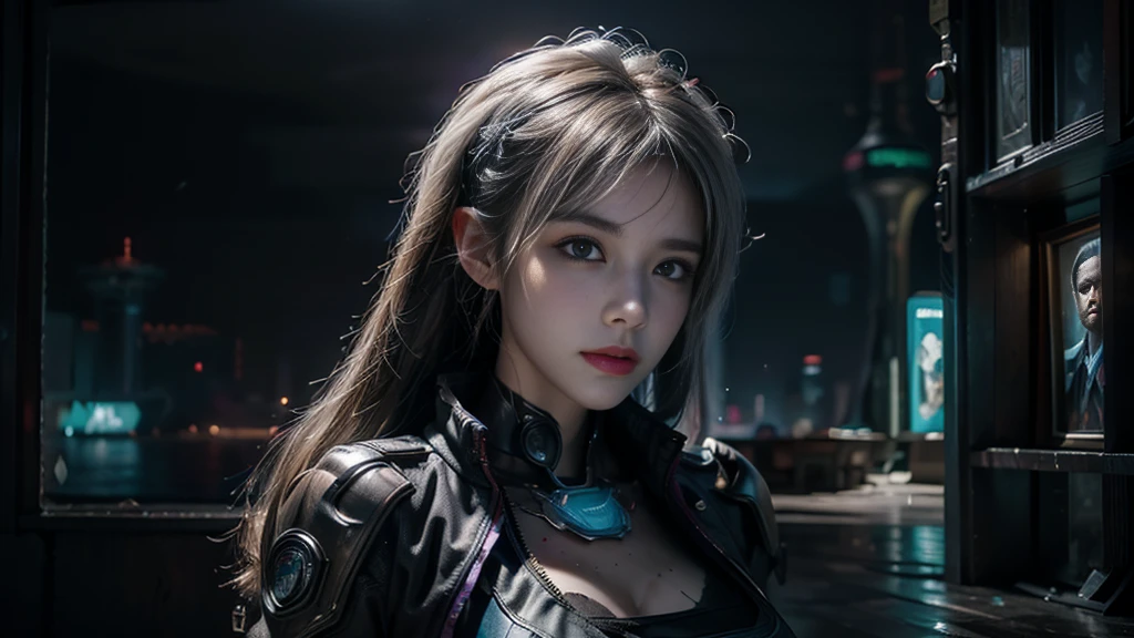 masterpiece,best quality,high resolution,8K,(Portrait Photos:1.5),(R Original Photo),The real situation,Digital Photography,(Combination of cyberpunk and fantasy style),(Policewoman),,Feel free to hairstyle,white hair,Purple Eyes,By Bangs,(Large Breasts), Accessories,shut your mouth,Elegant and charming,Serious and arrogant,Calm and handsome,(Cyberpunk meets fantasy style clothing,Hollow carving design,Large Breasts,Photo poses,Realistic style,Gray World Background,oc render reflection texture,futuristic city,semi-body photography