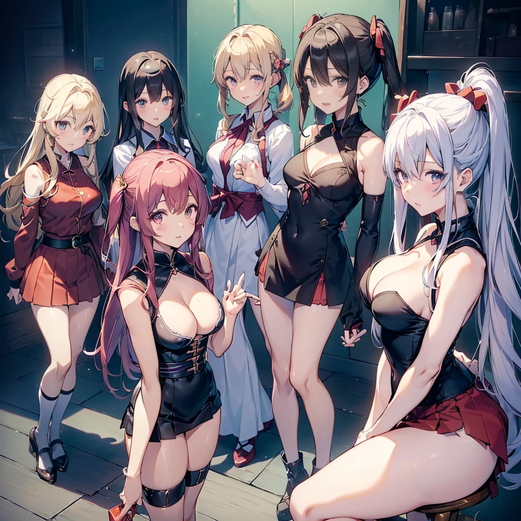 ((((Haremの4人のキャラクターが笑顔で描かれました))))、A group of female adventurers set in a medieval fantasy world,Dragon Quest、 (At the pub), Various Hair Styles, (Harem), night, detailed aspects, Remove the front hook, V-neck clothing, (Clothes that expose a lot of breasts), (Clothes that expose a lot of skin), Micro Mini Skirt, Seduce, Sleeveless、Showing invisible panties、Large Breasts、A little bigger ass、Waist、Pulling up her short skirt