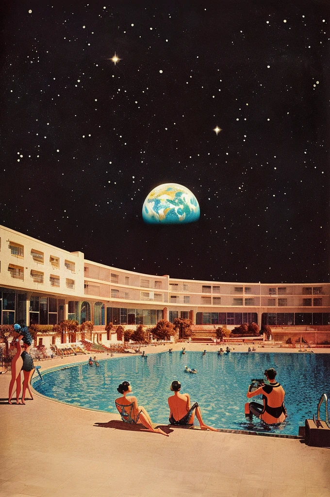People sitting by the swimming pool in the building,Overlooking the earth, joe webb, Collage style joseba elorza, surreal Collage, author:Rubin Bowkin, frank moth, Hyperreal space, Surreal scene, Poolside, Karel Toller, ( Collage ), Retro sci-fi graphics, Gucci Kitsch Aesthetics, author:Kurt Rosch, Beautiful vintage art