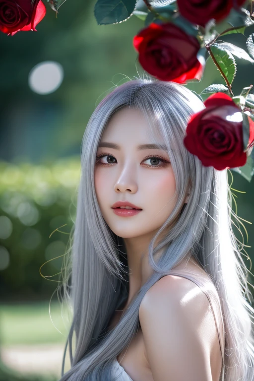 Silver Hair,Butterfly,Long gray hair,8k wallpaper,Detailed background,Maximum resolution,Deep V Big,hair covering one eye,Church Garden Background,Red rose background,Tight,moon,