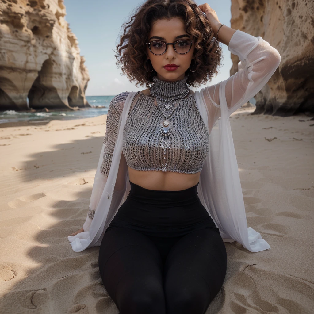 (((young North African girl, 18 ans))), ((seule)), (((evening at the beach, mer bleu claire))), (((cheveux noirs curly hair))), ((cheveux beaux et brillants)), ((cheveux longueurs épaules)), (yeux couleur noisette), (((grands yeux))), ((arabe marocaine)), (((charmante et innocente))), (regard mignon), ((longs cils)), ((yeux en amandes)), (square jaw), ((regard intense et chaud)), ((mignonne)), (((lunettes rectangulaire en or))), (((eyeliner noir))), (((dark red lipstick))), ((vernis blanc sur les mains et les pieds)), ((luscious lips)), ((courbes sexy)), ((jambes douces)), ((fesses rebondis et douces)), (((porte une montre en argent au poignet))), ((((grand collier en argent)))), (( pendentif entre les seins)), ((faux ongles blancs)), ((outlined abs)), (abdominaux visibles), ((vernis blanc)), ((grande et belle)), ((taille fine)), ((taille mannequin)), (petits seins), (((corps parfait))), ((belles jambes lissent)), (belles mains), (beaux pieds), (grands pieds), (grandes mains), (sensuelle), (((wears a tight black turtleneck))), ((porte une culotte transparente)), (pose sexy et mignonne), (Best quality), 8k ultra HD, high resolution