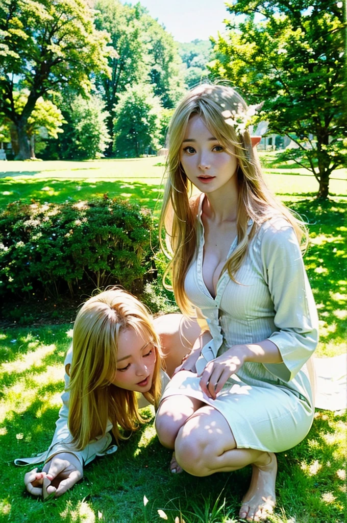 One Elf、White skin、Light clothing、Barefoot、On the grass、Under the tree、Shade、summer、雪のようにWhite skin、Blonde、Long Hair、Castle、nature、breast、a sunny day、Wide-collared clothes、