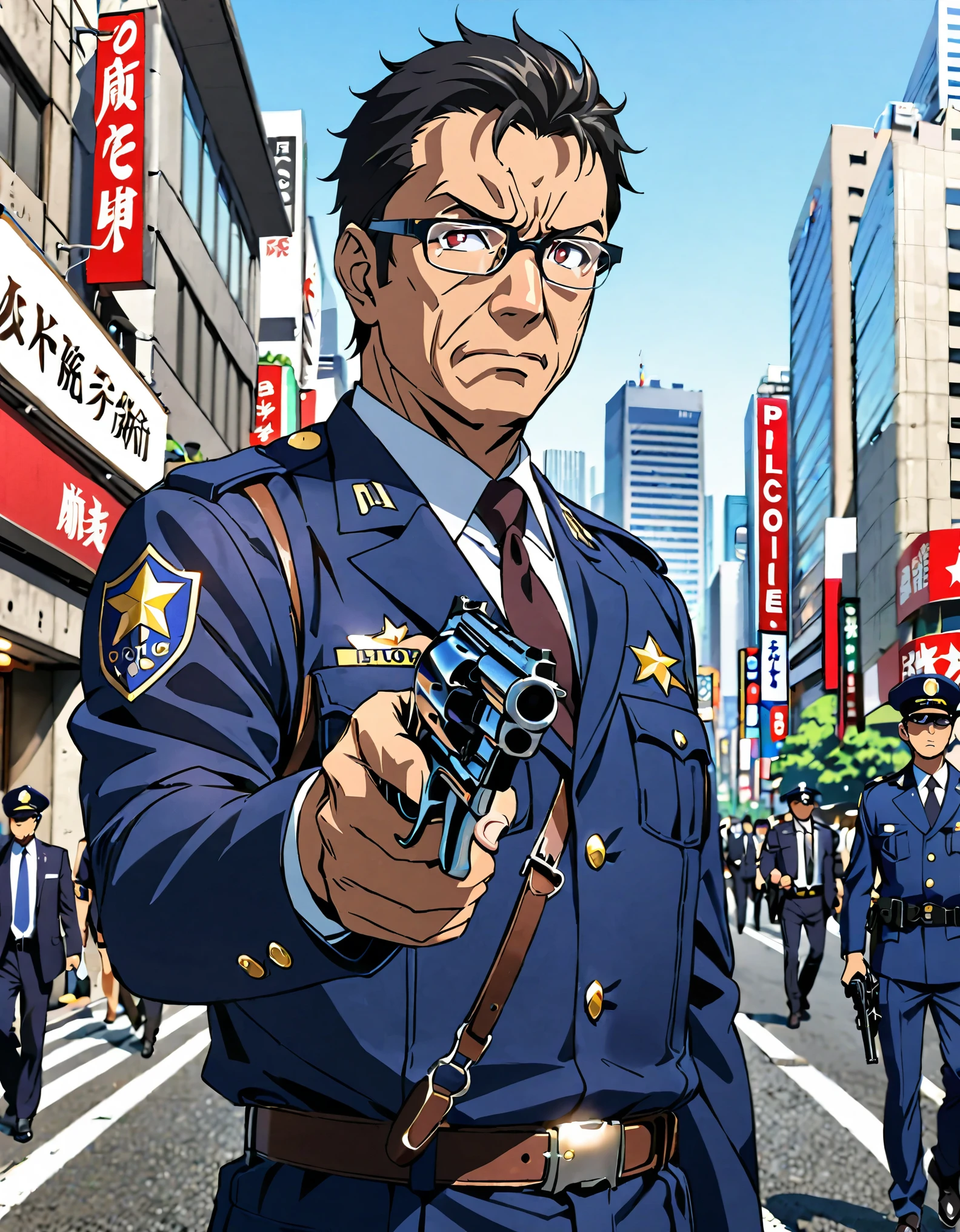 High quality, 1boy, middle aged man, anime style, japanese policeman, police captain, police commissioner, black hair, hazel eyes, glasses, (holding a gun, holding a pistol, holding a 357 magnum revolver), tokyo city street backdrop, solo, solo focus