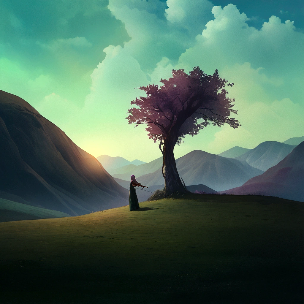 a girl with a violin,sunset,golden rays of sunlight,hills and meadows,beautiful detailed eyes,flowing hair,ethereal atmosphere,soft and soothing colors,romantic vibe,warm lighting,lush greenery,harmonious blending of nature and music,melodic sound of the violin,peaceful and serene setting,otherworldly experience,emotionally captivating,artistic masterpiece,high resolution image,delicate strokes of a brush,vibrant colors,classic artwork feel,magical and dreamlike ambiance, shokokomidef, purple hair, purple eyes, long hair, smile 