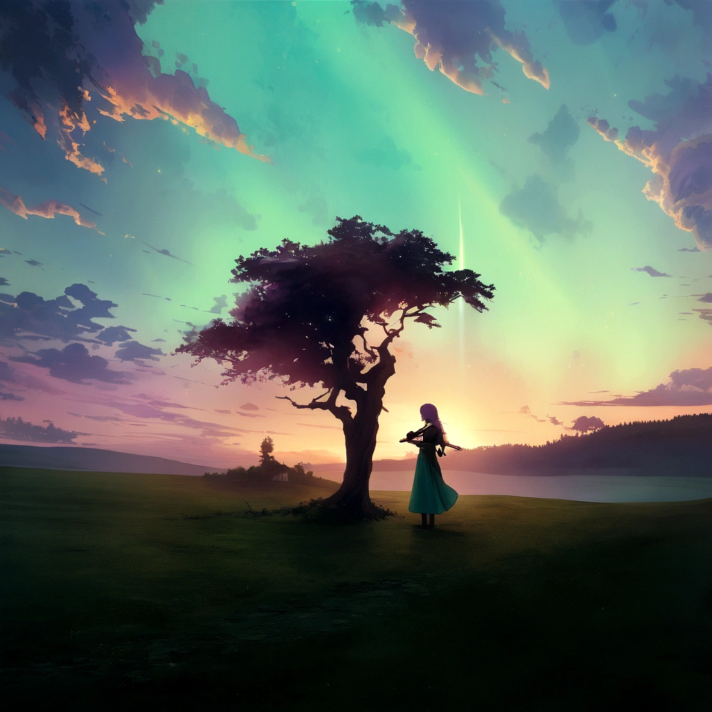 a girl with a violin,sunset,golden rays of sunlight,hills and meadows,beautiful detailed eyes,flowing hair,ethereal atmosphere,soft and soothing colors,romantic vibe,warm lighting,lush greenery,harmonious blending of nature and music,melodic sound of the violin,peaceful and serene setting,otherworldly experience,emotionally captivating,artistic masterpiece,high resolution image,delicate strokes of a brush,vibrant colors,classic artwork feel,magical and dreamlike ambiance, shokokomidef, purple hair, purple eyes, long hair, smile