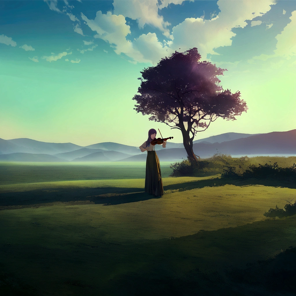 a girl with a violin,sunset,golden rays of sunlight,hills and meadows,beautiful detailed eyes,flowing hair,ethereal atmosphere,soft and soothing colors,romantic vibe,warm lighting,lush greenery,harmonious blending of nature and music,melodic sound of the violin,peaceful and serene setting,otherworldly experience,emotionally captivating,artistic masterpiece,high resolution image,delicate strokes of a brush,vibrant colors,classic artwork feel,magical and dreamlike ambiance, shokokomidef, purple hair, purple eyes, long hair, smile