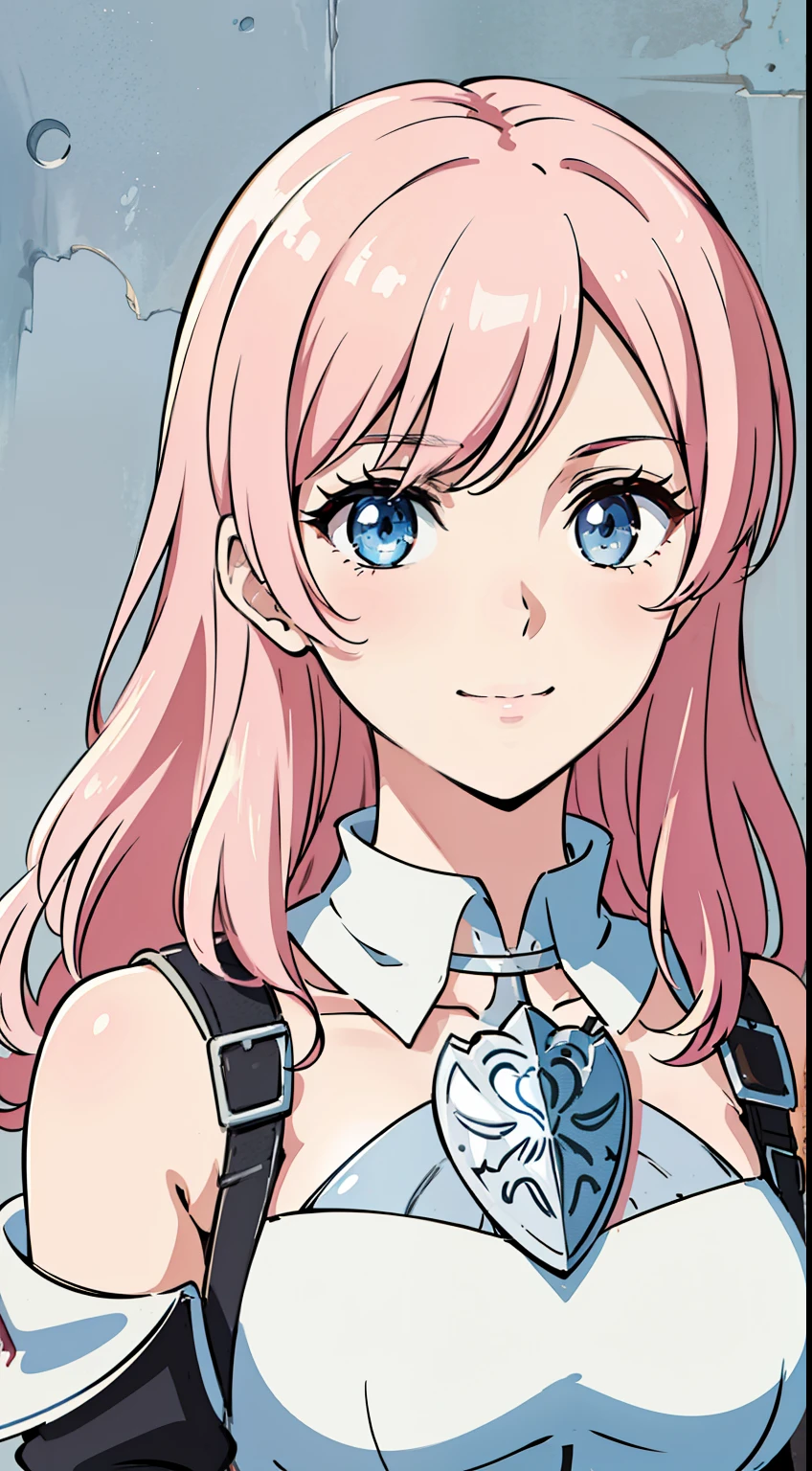 (high-quality, breathtaking),(expressive eyes, perfect face) Symmetrical Eyes, portrait, 1girl, blonde hair color, pink highlights hair, bright blue eyes, blue and white armor, breastplate, wavy curly hair, bare shoulders, smiling, fantasy armor, Neopolitan RWBY
