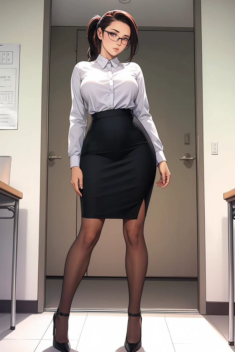 1 female, teacher, black frame glasses, long red ponytail hair, large breast, milf, wearing long sleeve white shirt, black pencil skirt, black heels, front view, view from below, fullbody shot, inside empty classroom, blushing, embarrased, eyes half open, standing, open door,