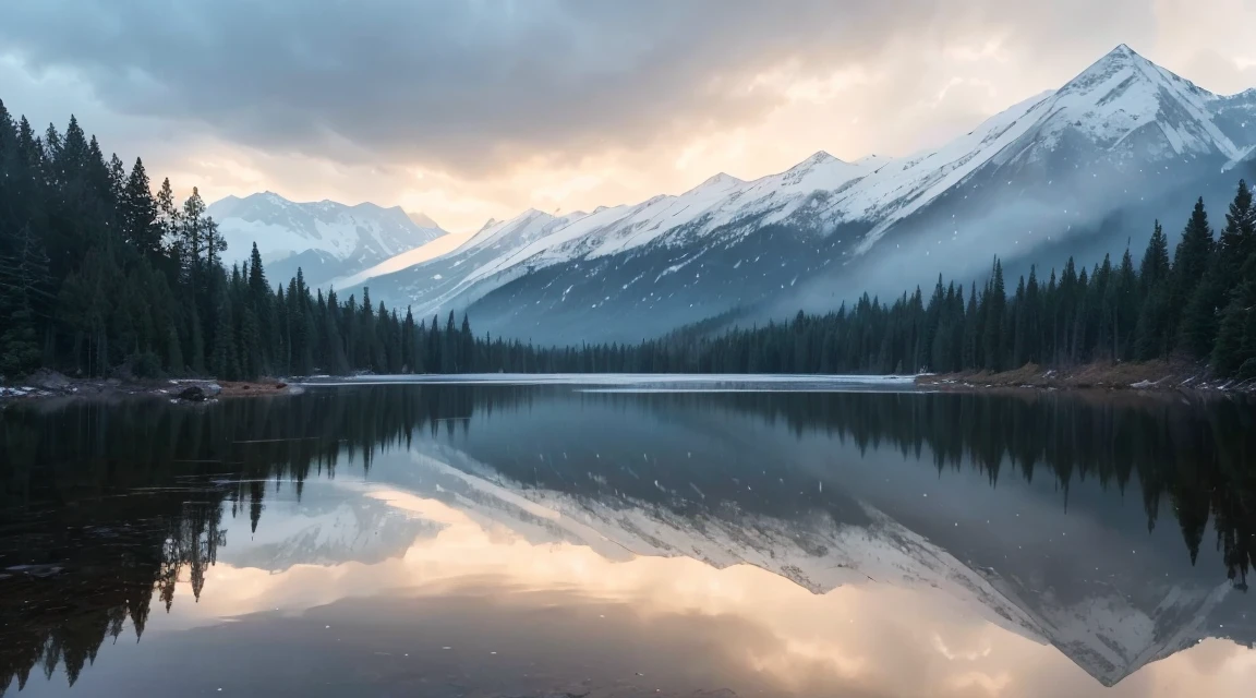 A lot of rain is falling on the mirror-like surface of the water, and it keeps raining all the time, (Photographic, Best Quality, High Quality, Highres:1.4), Detailed, Extremely Detailed, Ambient Soft Lighting, 4K,