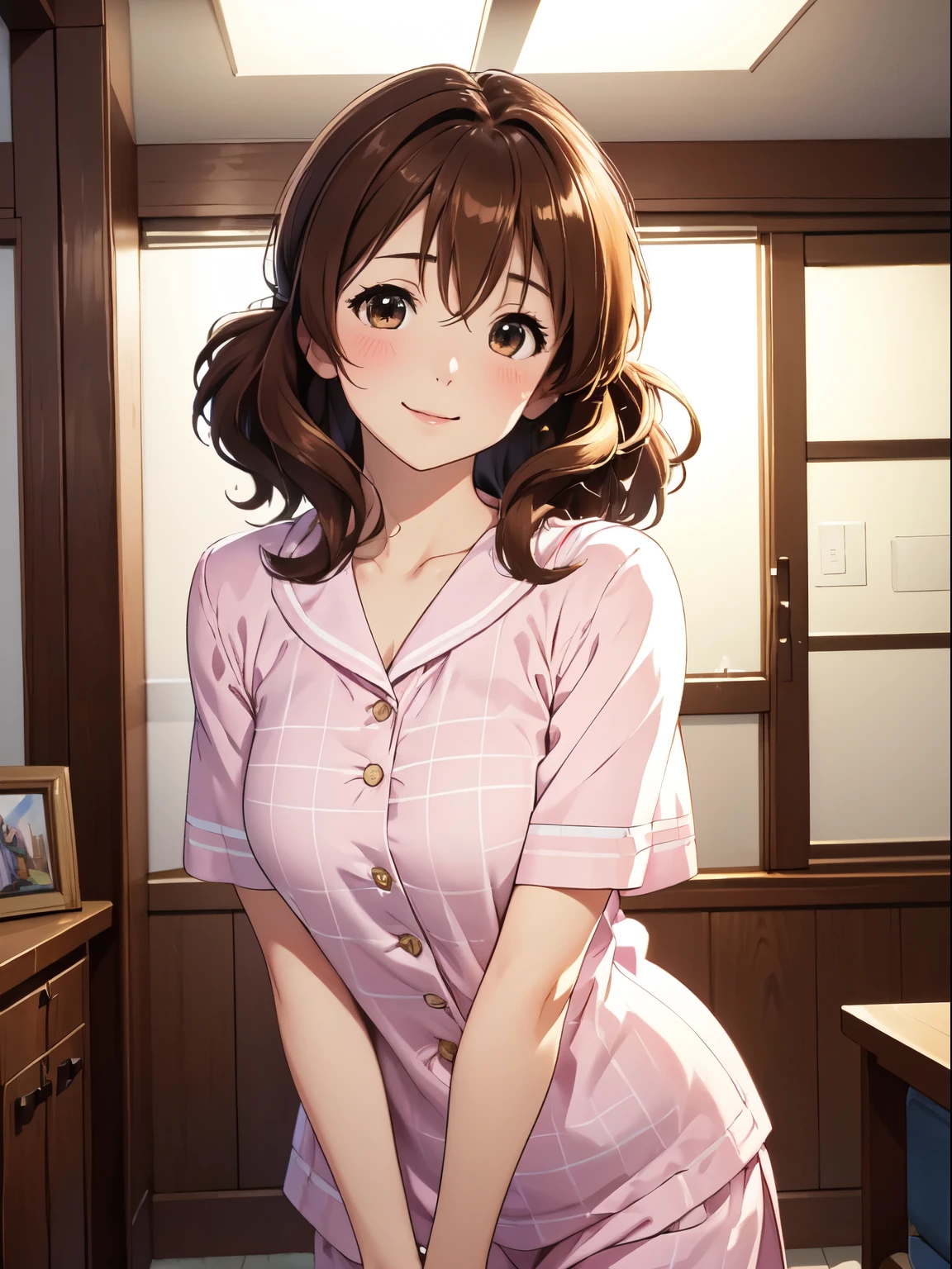 Super detailed, High resolution,indoor、Bedroom,4K,8K、smile,Kumiko Oumae,1 girl,Medium Hair, bangs, Hair between the eyes,Wavy Hair、Standing、 Looking at the audience, whole body, Front view:0.4, (Beautiful views)、Pink checked pajamas、(Real、Photorealistic、Photorealistic:1.5)、HDR、UHD、Ultra-fine painting、Sharp Focus、Cowboy Shot