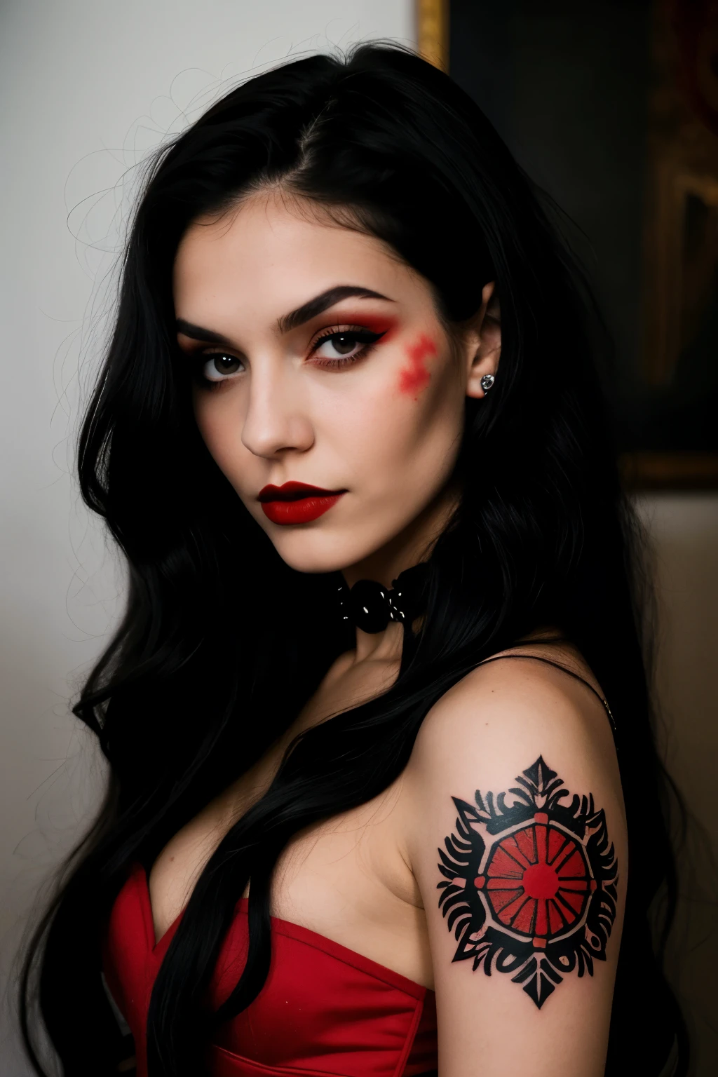 una chica vampira de cabello rojo con sus ojos de color rojo y negro su iris negro y su pupila roja con una armadura de guerrera de color rojo y abierto en la parte del hombro que muestre su tatuaje de se con facciones delicadas y cabello ondulado