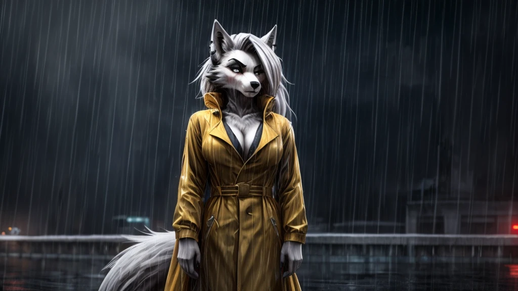 Loona from Helluva Boss, female wolf, anthro, white hair, grey eyes, in her 20s, adult, mature woman, wearing a bloody yellow raincoat, standing, cold stare, raining, bloody face, detailed, solo, beautiful, high quality, 4K