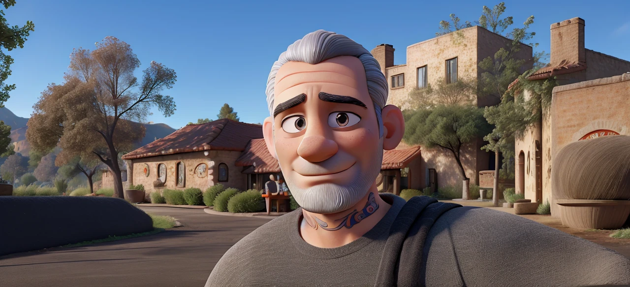 3D Pixar style art with a young Pizzaiolo, 35 years old, with gray hair combed to the side, without earrings, with a short beard and without a mustache, arm tattooed up to the wrist, with a blurred image of a pizzeria kitchen in the background, with a block of notes on the table in front of him, no tattoo on his neck