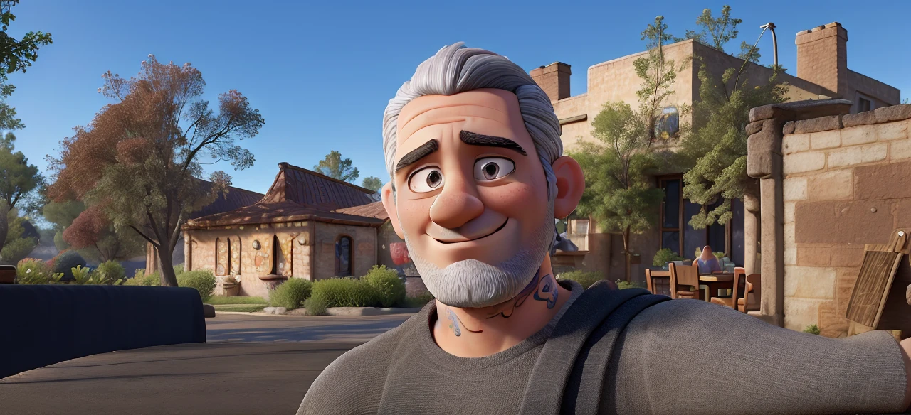 3D Pixar style art with a young Pizzaiolo, 35 years old, with gray hair combed to the side, without earrings, with a short beard and without a mustache, arm tattooed up to the wrist, with a blurred image of a pizzeria kitchen in the background, with a block of notes on the table in front of him, no tattoo on his neck