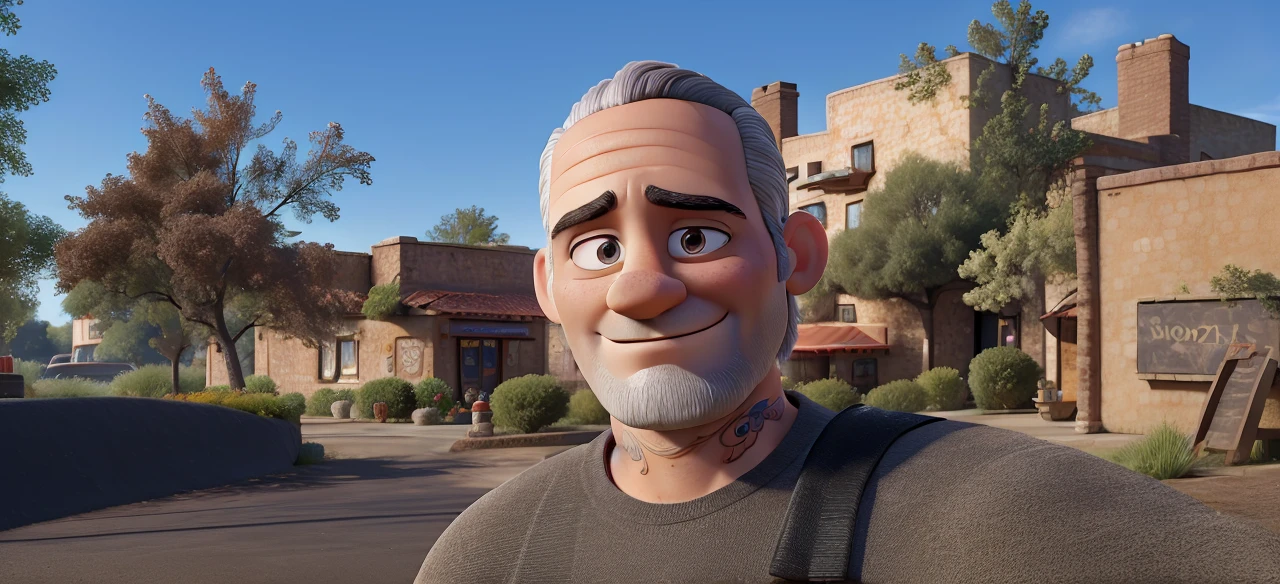 3D Pixar style art with a young Pizzaiolo, 35 years old, with gray hair combed to the side, without earrings, with a short beard and without a mustache, arm tattooed up to the wrist, with a blurred image of a pizzeria kitchen in the background, with a block of notes on the table in front of him, no tattoo on his neck