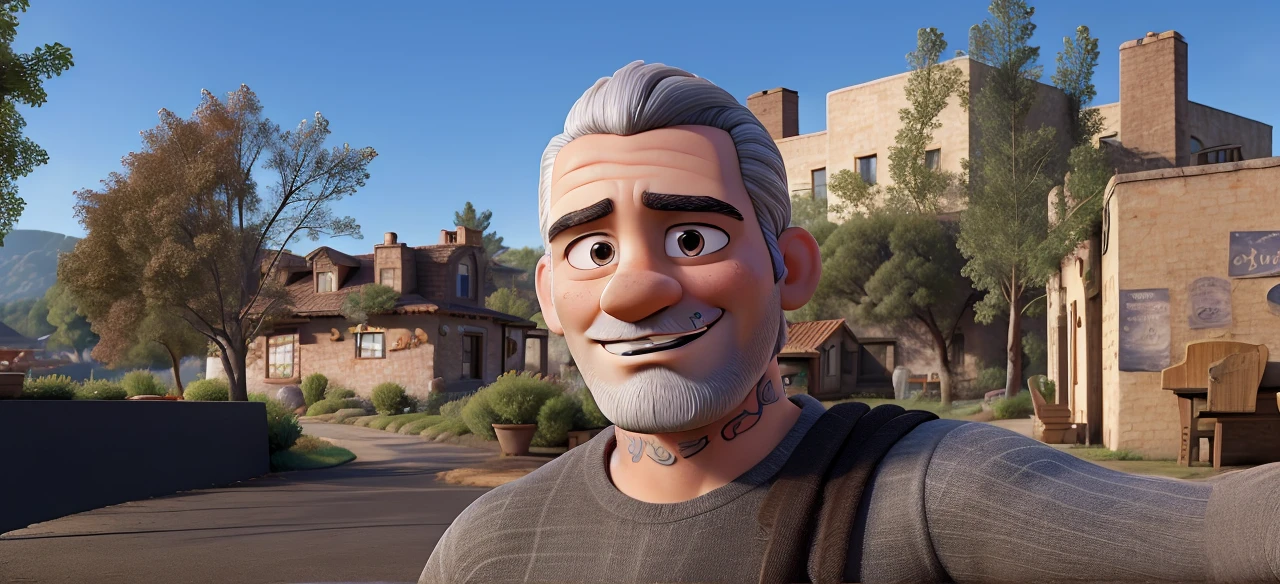 3D Pixar style art with a young Pizzaiolo, 35 years old, with gray hair combed to the side, without earrings, with a short beard and without a mustache, arm tattooed up to the wrist, with a blurred image of a pizzeria kitchen in the background, with a block of notes on the table in front of him, no tattoo on his neck