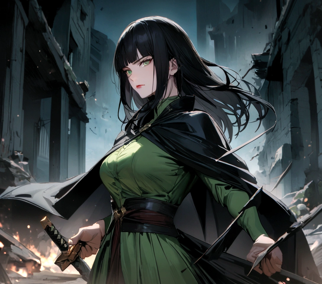 Mature woman, perfect anatomic draw, perfect eyes, long black hair, beautiful eyes, straight bangs down, green eyes, beautiful woman, green dress, black cape, in the ruins at night, red lips, serious face, serious woman, brave pose, fighting with a katana, 8k, high quality, full HD.