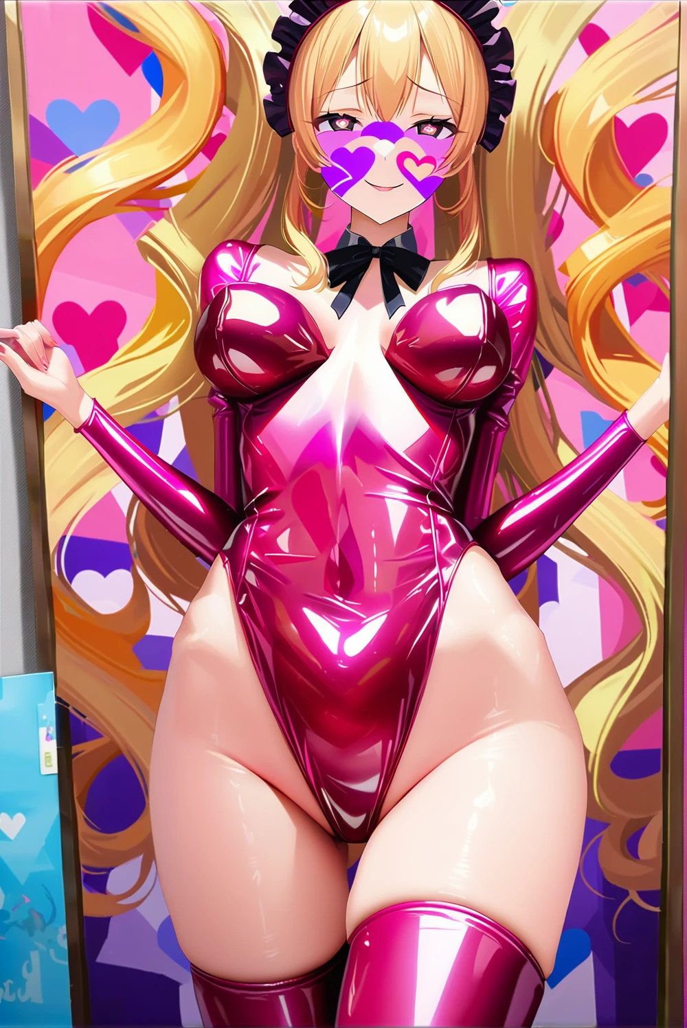 masterpiece, best quality, 1girl,blonde hair,Sui, (finely detailed heart shaped pupils and detailed face),,cowbody shot,lovestruck,extremely detailed picture unity 8k wallpaper,solo,(latex maid costume:0.9),glamour body,seductive smile,latex thighhigh
