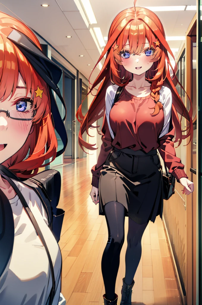 itsukinakano, Itsuki Nakano, bangs, blue eyes, Hair between the eyes, Ahoge, Redhead, star \(symbol\), hair ornaments, star hair ornaments,happy smile, smile, Open your mouth,blush,Akabuchi Glasses,Big Breasts,Long braids,One-shoulder sweater,Long skirt,Black pantyhose,short boots,Daytime,walking,whole bodyがイラストに入るように,
break indoors, ショッピングモール
break looking at viewer, whole body,
break (masterpiece:1.2), highest quality, High resolution, unity 8k wallpaper, (figure:0.8), (Beautiful fine details:1.6), Highly detailed face, Perfect lighting, Highly detailed CG, (Perfect hands, Perfect Anatomy),