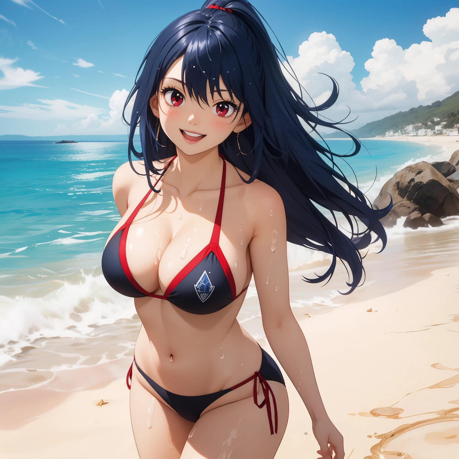 25 year old woman blue hair, pelo azul, red eyes like rubies, pechos grandes, bikini amarillo y rojo, fondo una playa . cuerpo mojado, gotas de agua en su pecho. pechos muy grandes, pechos grandes. sonrisa feliz.