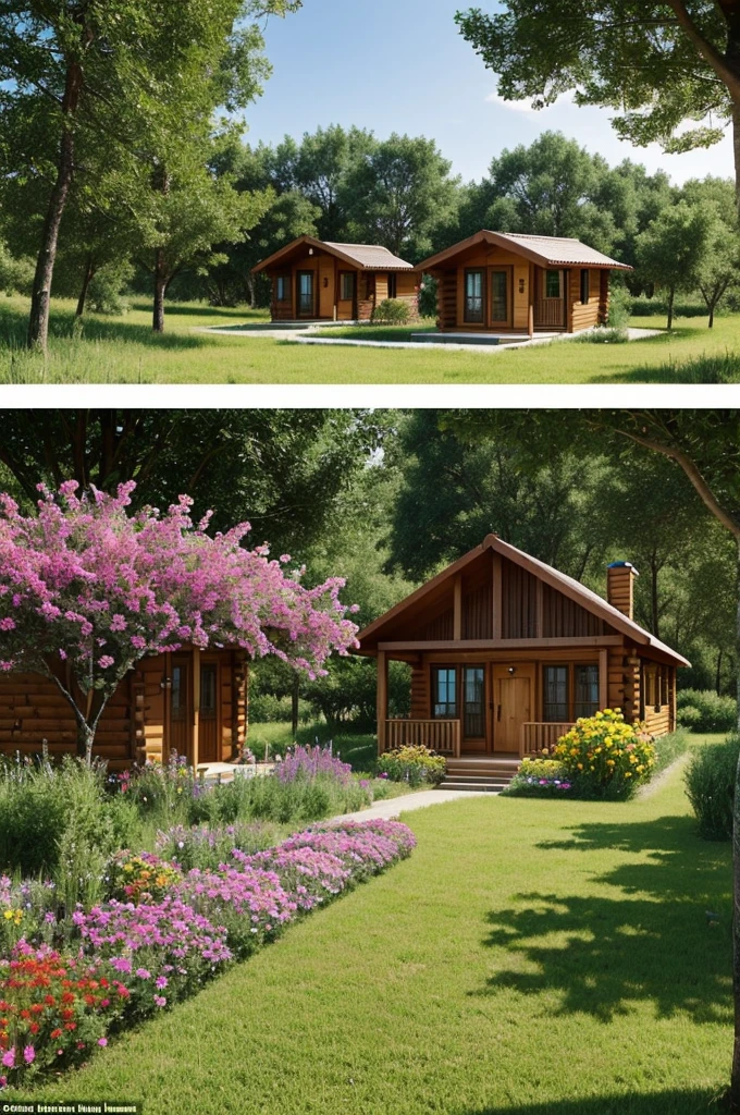 There is an entrance to two cabin-type houses located horizontally, The cabins are surrounded by fruit trees and many varieties of colorful flowers, the houses have a garden 