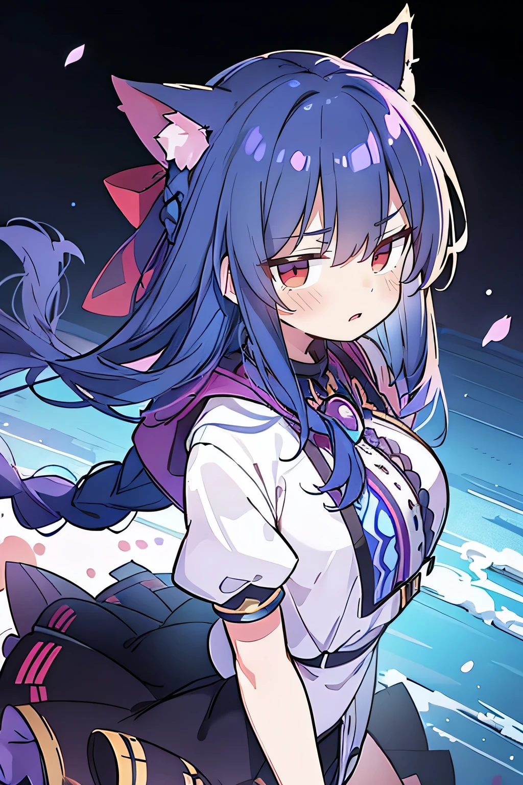 (masterpiece:1.2),Super detailed,lifelike,Expressive eyes,fair skin,perfect face shape,1 girl,
Japanese comics,Gorgeous blue hair,flowing blue hair,flowing clothes,Cat ears,Petals fall,beautiful lola,Baby Angel,
Shaking head with one hand,Cross your legs,Gentle and peaceful background,The pavilion is cool and comfortable,smile, wearing hoodie, background of tokyo,back views,snowing, winter,lie on the water.(Best Quality: 1.3), (Masterpiece: 1.3), (Illustration: 1.3), (Ultra Detailed: 1.3), (Imide Lens: 0.9), 1girl, Medium Breasts, Purple Eyes, ((Dark Blue Hair) ), hair accessories, young, clothing-gladiia, long hair, dark blue hair, indoors, black shorts, high socks, low ponytail, expressionless, upper body, close-up, coat, skirt,fgo style,like \(destiny\), like Adult, hair length, underwear, masterpiece, Top quality, 1 Girl, looking at the audience,(((braid)))、shameful face、Embarrassed face、Long body、huge 、