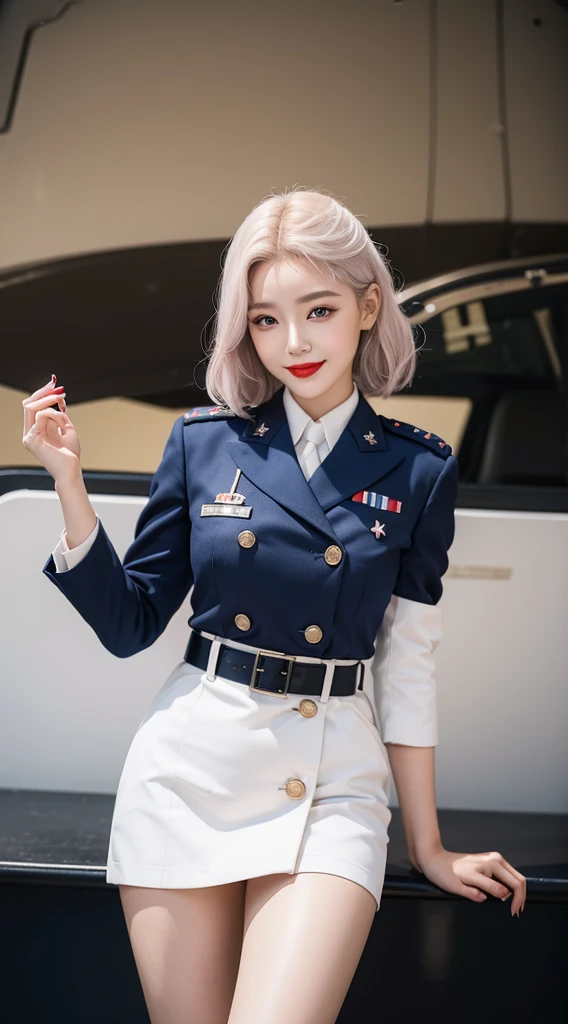 highest quality, 4K, 8k, beautiful girl, Korean Makeup, Red lips, Platinum Hair, smile, Clear Face, thigh, Perfect body, Mid-chest, uniform, Second World Warの衣装, Second World War, Military blue outfit, Military Perspective,