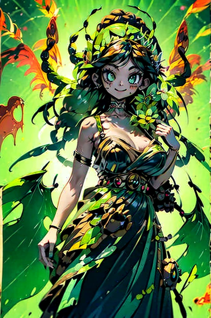 ((Masterpiece)), (((Top quality))), ((Ultra definition)), ((High quality face and limbs)), ((Arachne)), 1girl, sweet kind arachne girl, alone, young, soft little kid, , pure youngster, semi human, egipan, monster musume, half spider body, spider legs, spider with big long legs and long arms, scary, bright blonde long hair, green skin, green clothes, dress of spiderwebs, big green innocent eyes, smiling with delight, arachnid style, background filled with insects, main character, boss style, hades style, hadesstyle, hades2style, hades 2 style, Arachnea, silk weaver, Tartarus background, background with spider patterns, web patterns, centipede patterns, dragonfly pattern, green background