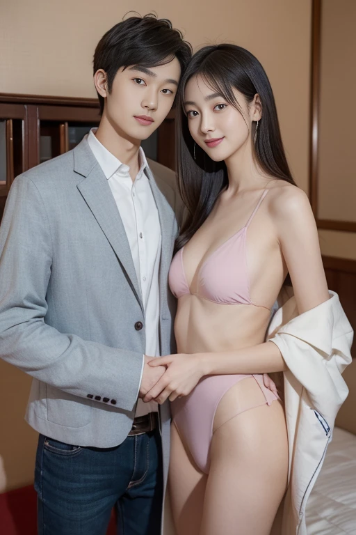 Masterpiece, best quality, 2 more people, pair,A 22 year old Chinese man and a 20 year old Japanese woman., เป็นadult, adult, Height difference, different fashion, different colors, Intricately detailed eyes and detailed face, complicated details, naked ,bedroom, shake hands, smile, be happy, love