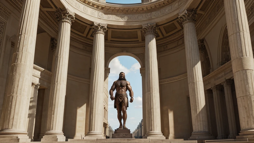 A statue of a bearded man with a muscular build stands prominently in a dark, classical setting with grand columns in the background. The text offers a timeless compass is displayed across the center of the image.