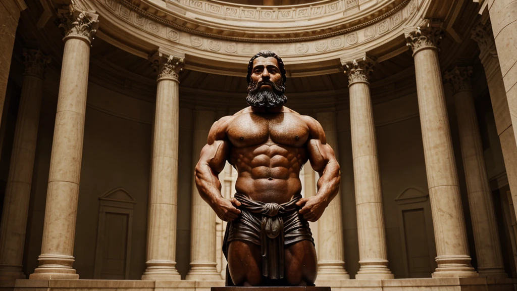 A statue of a bearded man with a muscular build stands prominently in a dark, classical setting with grand columns in the background. The text offers a timeless compass is displayed across the center of the image.