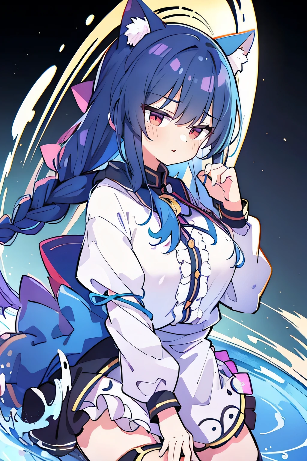 (masterpiece:1.2),Super detailed,lifelike,Expressive eyes,fair skin,perfect face shape,1 girl,
Japanese comics,Gorgeous blue hair,flowing blue hair,flowing clothes,Cat ears,Petals fall,beautiful lola,Baby Angel,
Shaking head with one hand,Cross your legs,Gentle and peaceful background,The pavilion is cool and comfortable,smile, wearing hoodie, background of tokyo,back views,snowing, winter,lie on the water.(Best Quality: 1.3), (Masterpiece: 1.3), (Illustration: 1.3), (Ultra Detailed: 1.3), (Imide Lens: 0.9), 1girl, Medium Breasts, Purple Eyes, ((Dark Blue Hair) ), hair accessories, young, clothing-gladiia, long hair, dark blue hair, indoors, black shorts, high socks, low ponytail, expressionless, upper body, close-up, coat, skirt,fgo style,like \(destiny\), like Adult, hair length, underwear, masterpiece, Top quality, 1 Girl, looking at the audience,(((braid)))、shameful face、Embarrassed face、Long body、huge 、