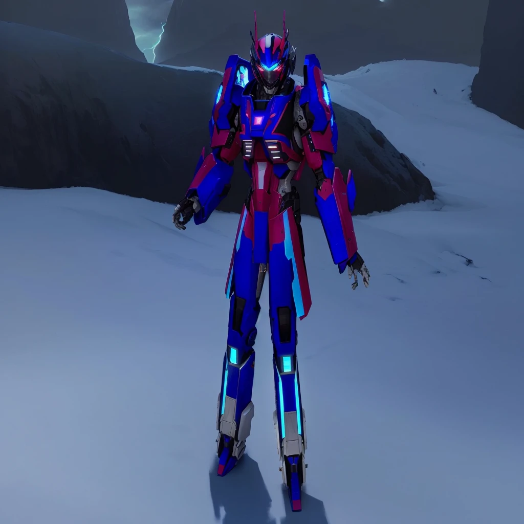 a blue colored female transformer with purple inserts, symmetrically arranged purple parts, on the back - hellicopter wings, arms from elbows to hands look like the front part of a helicopter, on the legs from knees to the ankle there are helicopter's repulsors and small heicopter's tail wings, no helmet, light blue eyes, two legs, two arms, not a suit, on a background there is an snowy dark blue metal desert, no buildings, no structures, dark blue storm clouds, light blue lightning from the clouds, blue river, river to the horizon, electrified river, light blue lightning from the river, space sky, stars in the sky, composition on the metal planet, big metalic planet, dark-blue metal, shiny metal, cybertron, mechanical planet, empty wasteland, dark blue storm clouds, light blue lightning from clouds, blue river, river to horizon, electrized river, light blue lightning from river, space sky, stars on the sky, realistic, watercolor, 4k, high quality, hight attention to details, concept art, concept art by Chris Mowry.