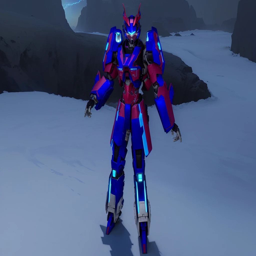 a blue colored female transformer with purple inserts, symmetrically arranged purple parts, on the back - hellicopter wings, arms from elbows to hands look like the front part of a helicopter, on the legs from knees to the ankle there are helicopter's repulsors and small heicopter's tail wings, no helmet, light blue eyes, two legs, two arms, not a suit, on a background there is an snowy dark blue metal desert, no buildings, no structures, dark blue storm clouds, light blue lightning from the clouds, blue river, river to the horizon, electrified river, light blue lightning from the river, space sky, stars in the sky, composition on the metal planet, big metalic planet, dark-blue metal, shiny metal, cybertron, mechanical planet, empty wasteland, dark blue storm clouds, light blue lightning from clouds, blue river, river to horizon, electrized river, light blue lightning from river, space sky, stars on the sky, realistic, watercolor, 4k, high quality, hight attention to details, concept art, concept art by Chris Mowry.