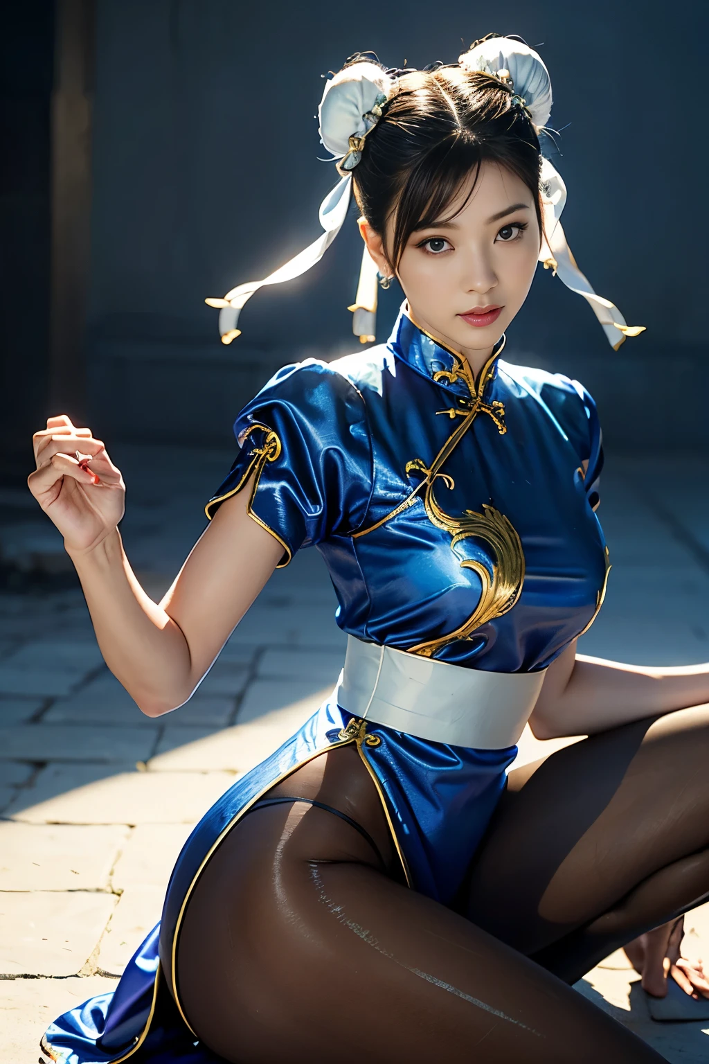 《Street Fight II》Chun-Li,Perfect Chun-Li Costume,Blue and gold thread cheongsam,Bun head,Good cover,Fighting Stance,ハイKick,Kick、Lift your legs,masterpiece、1 beautiful girl、beautiful eyes、Puffy eyes、best quality, 超high resolution, (Reality: 1.4), light、Super beautiful、Beautiful skin、turn body forward、(超Reality的な)、(high resolution)、(8K)、(Very detailed)、(美しくbeautiful eyes)、(Super detailed)、 (wall-)、Delicate face、明亮的light、Professional lighting、Looking at the audience、Direct vision、Tilted stone sculpture, best quality, masterpiece, best quality, Perfect face, Perfect brown eyes and white sclera, Bad Move - 5, Solitary, 1 girl, Upper Body, brown hair, From SF2, Chinese service, Smile, muscular woman, Blue clothes, Pantyhose, Pelvic Curtain, Full short sleeves, Good cover, sash, Evaluate:
